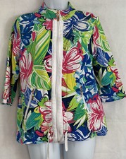 Onque Casuals Sz S Floral Sweatshirt Jacket Top Zip Drawstring Waist 3/4 Sleeve