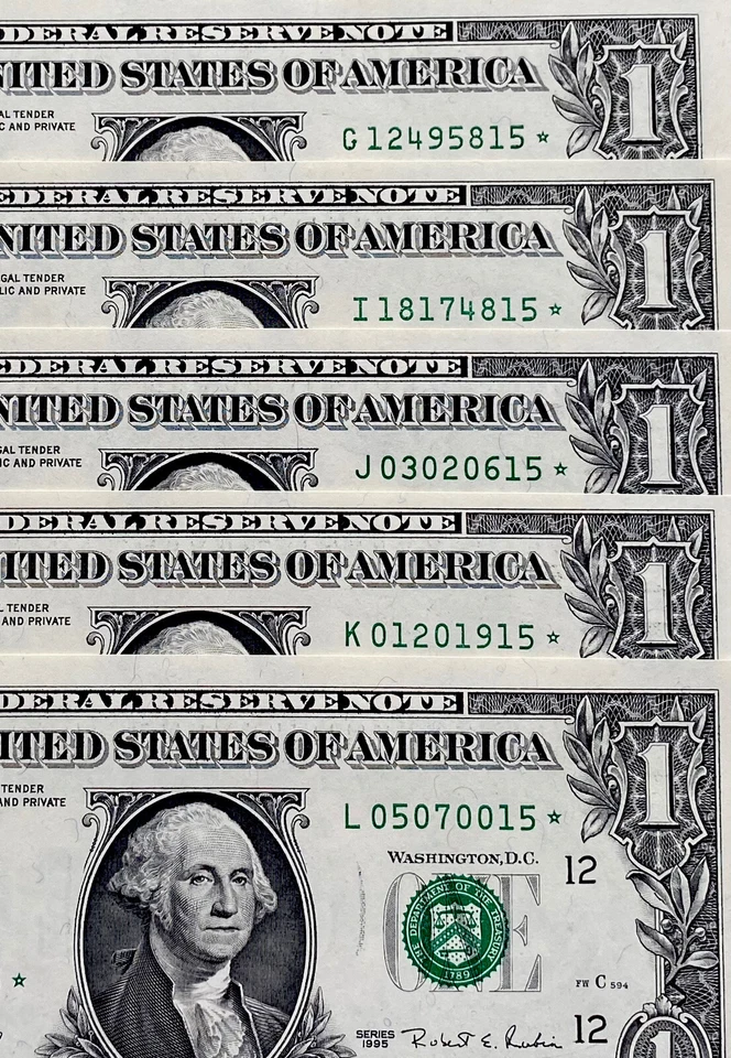 1995 STAR NOTE FULL SET $1 DOLLAR BILL (A,B,C,D,E,F,G,I,J,K,L) 11 DISTRICT UNC - Image 3 of 4