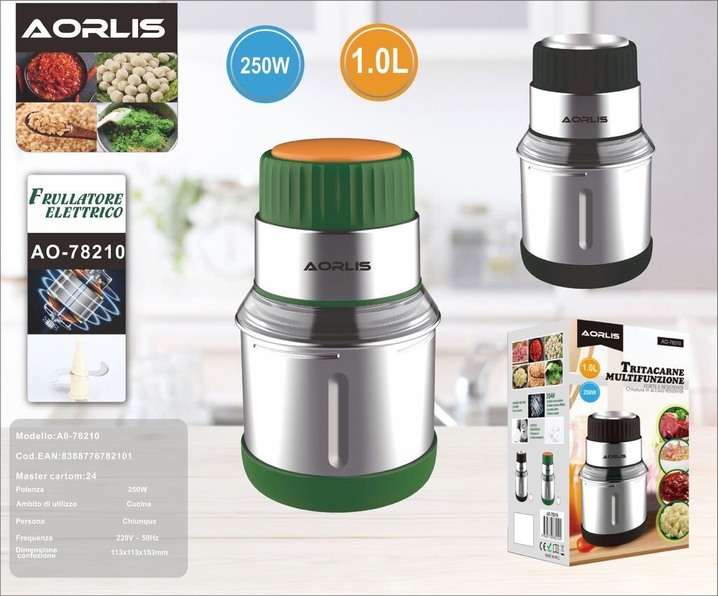AORLIS AO 78210 Tritacarne Inox 1L 250W Multifunzione Professionale Casa