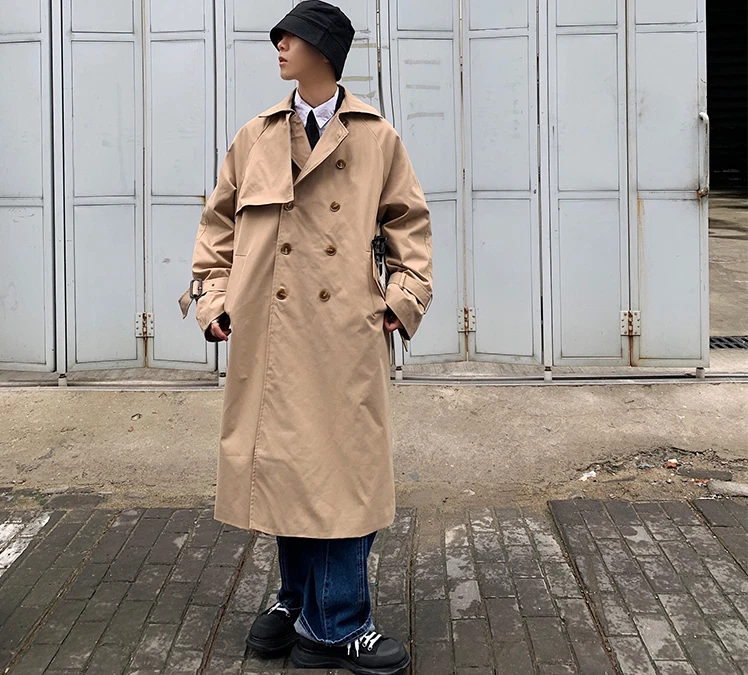 Men Long Sleeve Windbreakers Loose Overcoat Loose Double Breasted