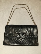 Black Solid Shoulder Bag Gold Chain Strap Heart Snap/Zip Closure Inner Pockets