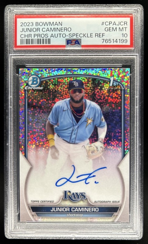 2023 Bowman Junior Caminero Chrome Auto Speckle Refractor 1st #/299 Rays PSA 10