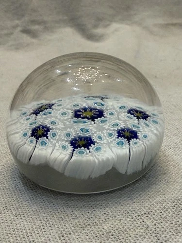 Vintage Murano Millefiori Art Glass Paperweight Blue & White Floral Design