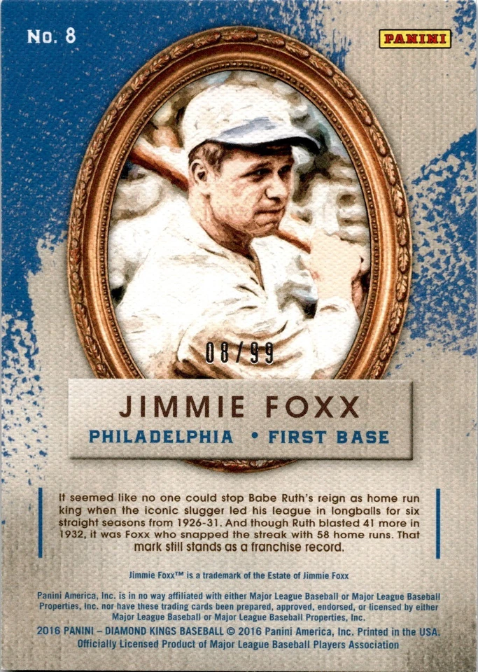 2016 Panini Diamond Kings Framed Jimmie Foxx #8 /99 BoxFF - Image 2 of 2