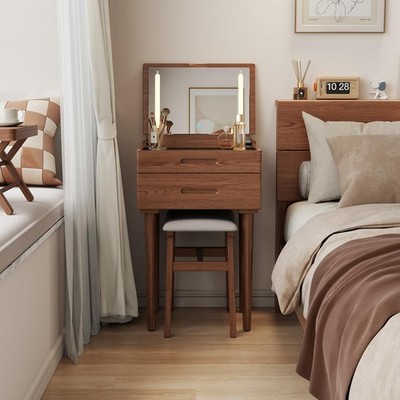 Solid Wood Small Vanity Desk with Mirror and Lights, Narrow Makeup Vanity for...