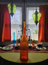 Vintage 1960s Blenko 6123 L Tangerine AMAZING STOPPER!!! Orange Crackle Decanter