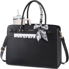 LOVEVOOK Laptop Tote Bag for Women, 15.6 Inch PU Leather inch, Black