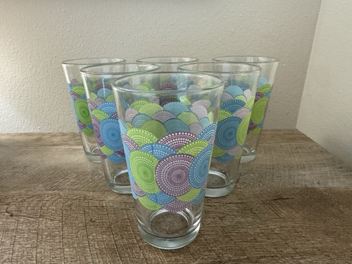 Libbey Drinking Glasses Blue Green Purple Medallions Circles  Glass Tumblers (6)
