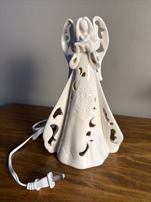Angel Lamp Napco Figure Reading Ivory Ceramic Cut Out Light Up 9.25 In Plug In