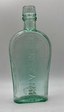 Antique COUNTY ARMS Coffin Style Flask Bottle Aqua Glass Hand Blown
