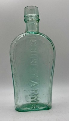 Antique COUNTY ARMS Coffin Style Flask Bottle Aqua Glass Hand Blown