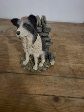 Border Collie Dog Ornament Figurine Sitting By Stone Wall Resin Dog Statue