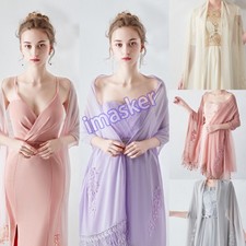 Women Chiffon Shawl Cape Embroidered Floral Evening Party Wedding Bridal Banquet