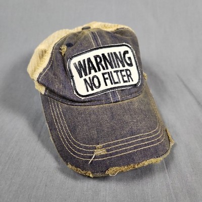 Warning No Filter Hat Snapback Adjustable Headmost Cap Blue Tan DISTRESSED