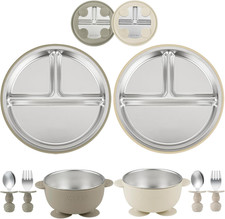 8PCS Baby Feeding Set  Stainless Steel Suction Plates and Bowls with Silicone F