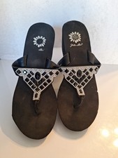 Yellow Box Womens Sandal Black Rhinestone Leather Straps Wedge Heel 8
