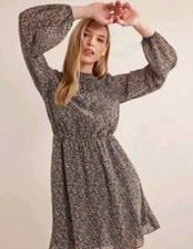 Boden High Neck Flippy Mini  Dress Ditsy Floral Black Petal Toile Size 8  (12UK)