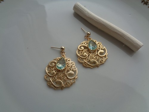 Gold Earrings, Gold Filled, Gold Plated, Filigree, with Crystal - Picture 6 of 11