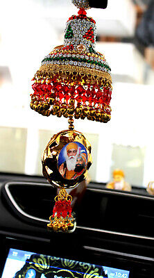 Gold plated Punjabi Sikh Guru Nanak Pendant Car Hanging black beads & Crystals