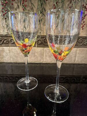 (2) HAND-PAINTED FALLING AUTUMN LEAVES TALL WINE GLASSES | eBay