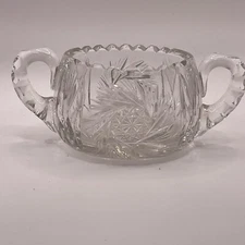 ABP pressed Glass Crystal Double Handled Open Sugar Bowl Sawtooth Cut Starburst