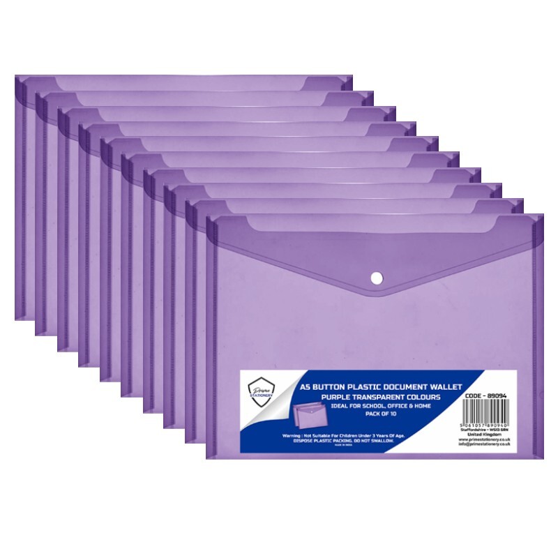 (Set of 10) A5 Plastic Wallet Stud Document Files Folder Filing Office - Purple