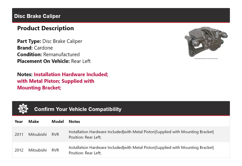 Pinza de freno de disco trasera izquierda cardone para Mitsubishi RVR 2011-2012 Foto 2 de 4