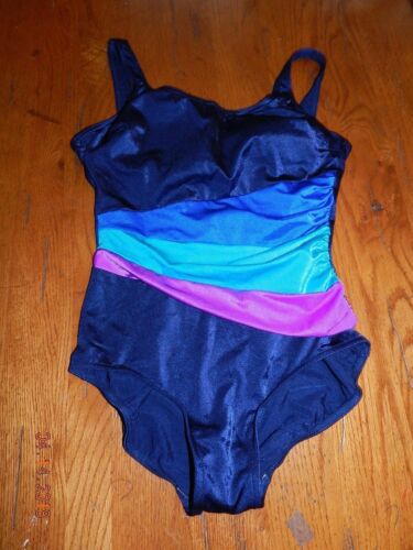 Vintage Baltex Swim Bathing Suit One Piece Sz 14 Blue Fan Stripes EUC Maillot