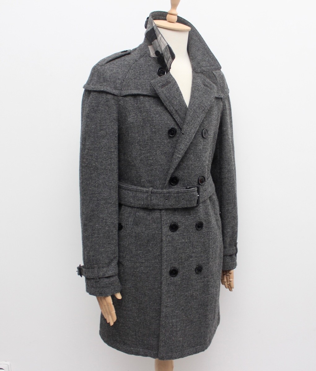 Men's BURBERRY BRIT Wool Double Breasted Trench Coat RARE Nova Check M Gray