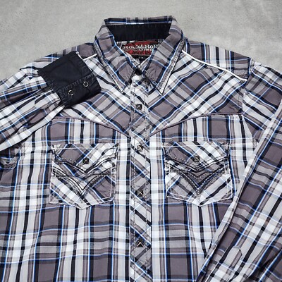 Rock And Roll Cowboy Shirt Mens Small Gray Plaid Square Stud Snap Rodeo Western