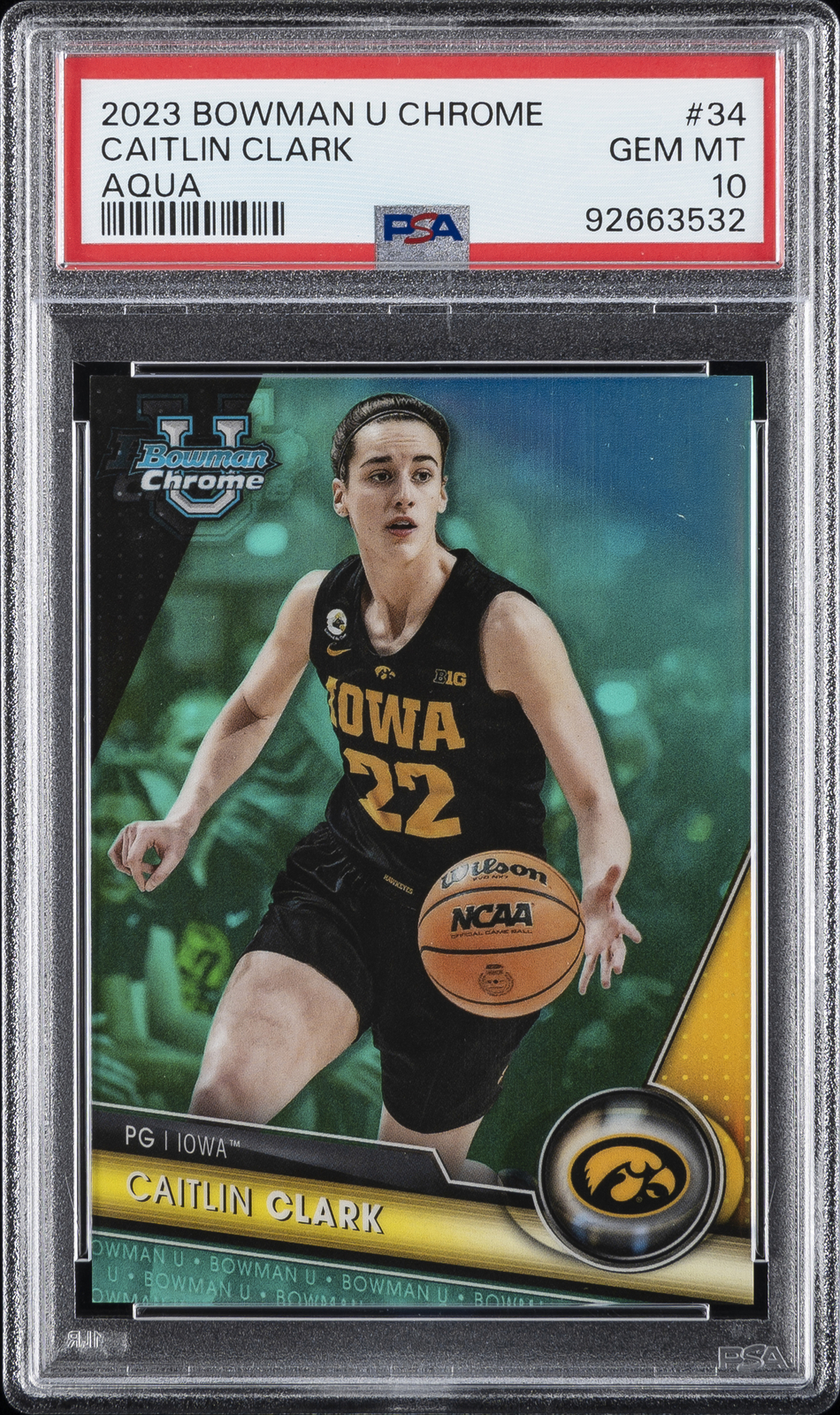 2023 BOWMAN UNIVERSITY CHROME AQUA REFRACTOR #34 CAITLIN CLARK 141/299 PSA 10
