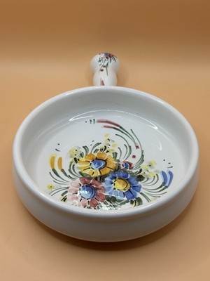 HandPainted Floral Ceramic Serving Dish With Handle Marked On The Bottom