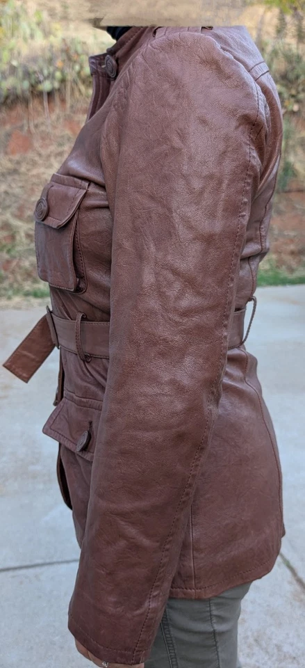 Max Studio Women's Brown Leather Jacket,Size M Belted Nero Collarless Pockets - Image 4 of 4