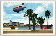 St Petersburg FL~Beach View~Vinoy Park Hotel~Goodyear Blimp~Linen 1935 Postcard