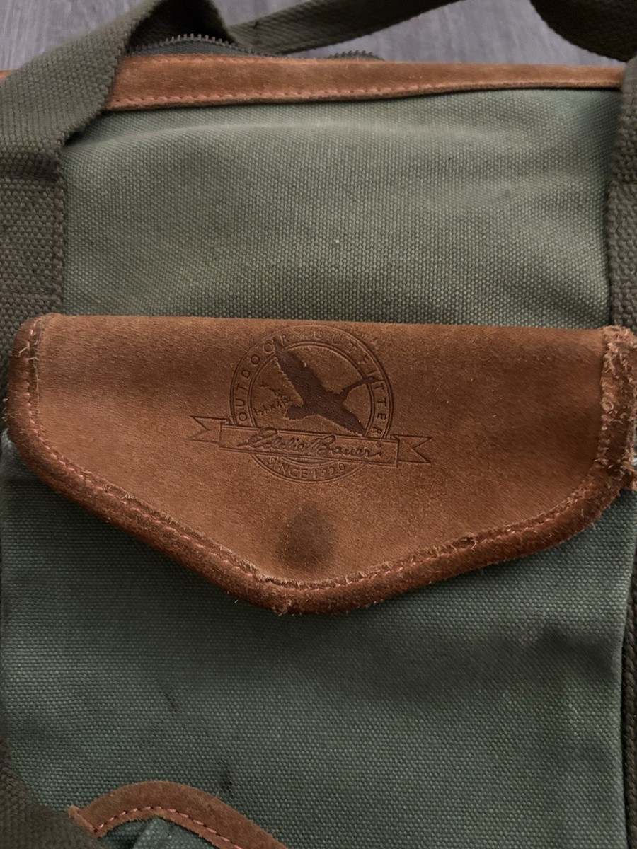 EDDIE BAUER Luggage Duffel Bag Green Canvas Carry On Leather 90s