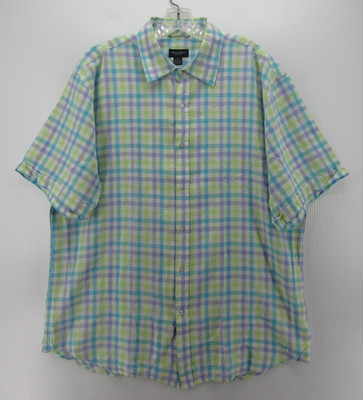 Linea Rosso Shirt Men XL Green Linen Blend Signature Button Up Plaid Resortwear