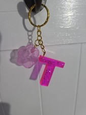 Initial New Block Letter T Resin Pink W Sparkle Key Chain