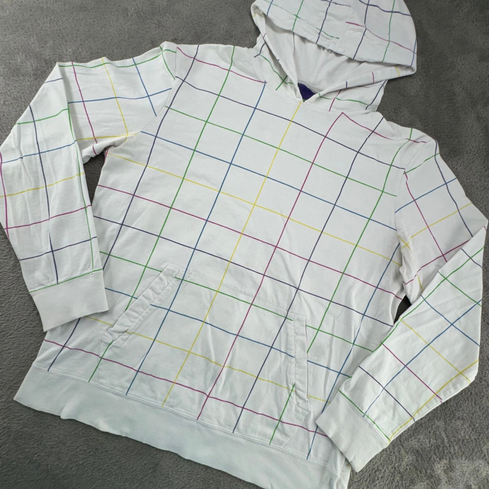 Vurt Hoodie Mens XL White Multi Color Grid Windowpane Good Cotton Lightweight