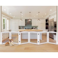 6-Panel Extra Wide Wooden Freestanding Dog Gate: Foldable Solid Wood and Stee...