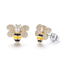 Gold Plated Enameled Crystal Honey Bee Bumble Stud Earrings Cute Little Honeybee