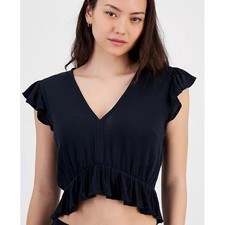 NWT Miken Swim Cover Up Top Womens Black Ruffle V-Neck Textured Small 