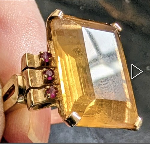 Vintage 1940s 14K Yellow Gold Emerald Cut Citrine & Ruby Cocktail Ring, Size 7