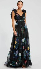 Mac Duggal Black Floral Pleated Ruffle Cap Sleeve Satin Lace Up Gown Size 8 $598
