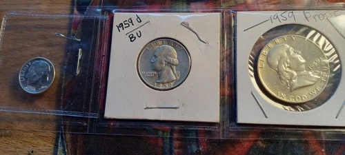 1959  SILVER Franklin half $, Quarter, dime. & nickel, penny. all unc. or proof