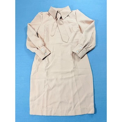 Unbranded Beige Pink Tie Neck Long Sleeve Sheath Dress Sz M Office Professional - Image 1 of 4