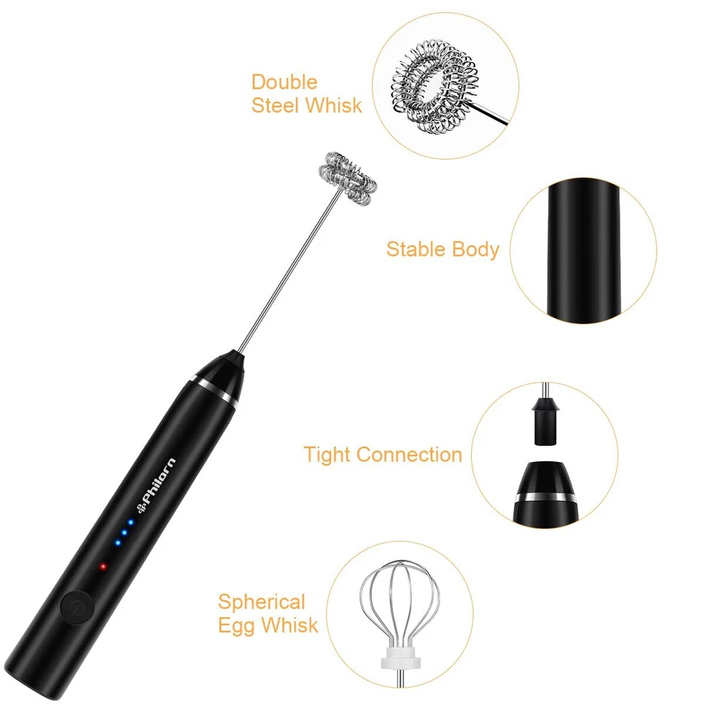 Milk Frother Handheld Rechargeable Coffee Frother - Frother Wand with 2 Heads...