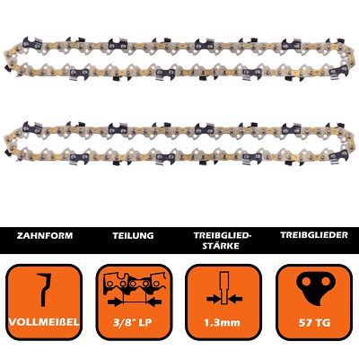 2 saw chains 3/8 1.3mm 57 TG for full chisels compatible with Dolmar, Einhell