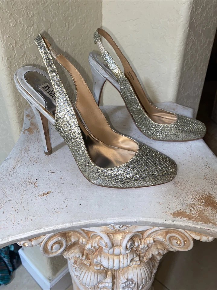 Badgley Mischka Silver Kiss Kiss High Heels Slingback Stiletto Sparkle Pumps 7M - Image 2 of 4