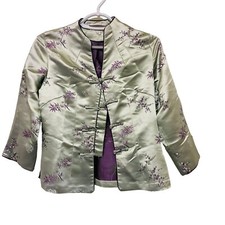 LV Elegant Asian-Inspired Satin Jacket With Floral Embroidery Button Closures Sm