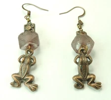 Smoky Color Sea Glass Dangle/Drop  Earrings with Frogs  Chic